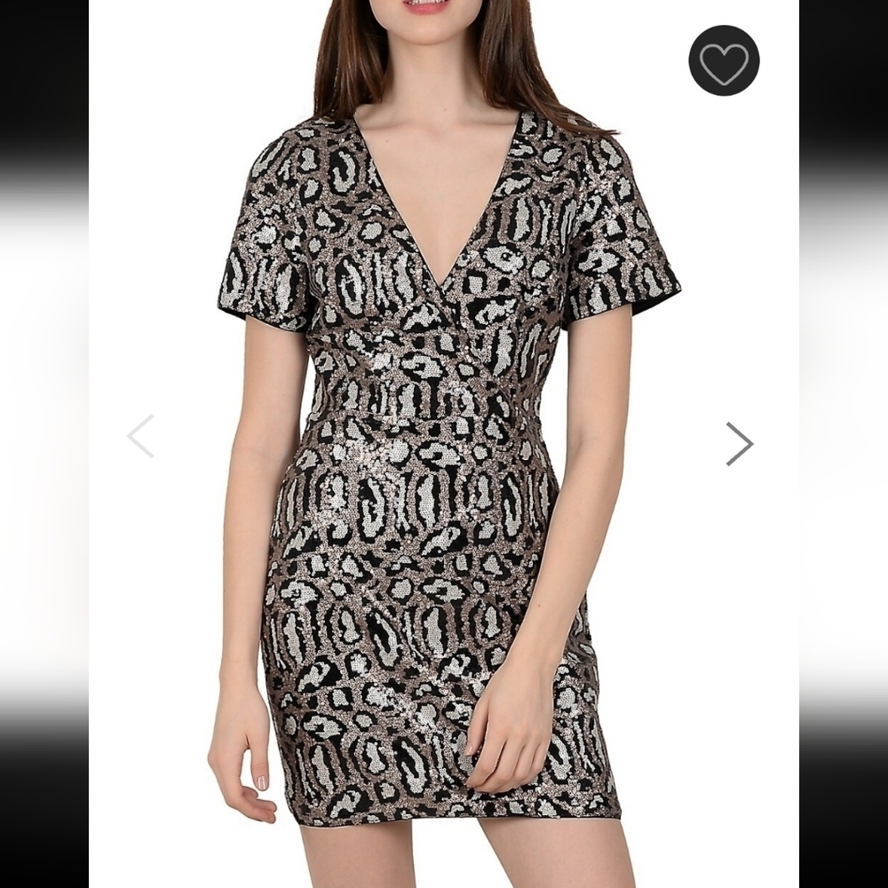 Molly Bracken Leopard Sequin Mini Faux Wrap Dress, VGUC, Size XS